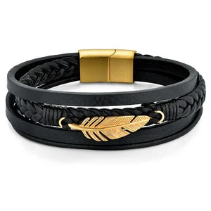 Brazalete de hebilla magnética de pluma de cuero inoxidable trenzado multicapa para hombre - Imagen 1 de 25