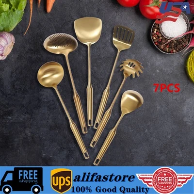 7pcs Kitchen Cooking Utensils Set Stainless Steel Serving Set with Stand Stylish - Image 1 of 4