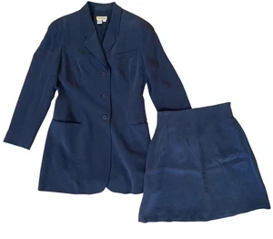 Vintage Ann Taylor 2 Piece Navy Blue Silk & Linen Blend Suit Set Blazer Skirt 8 - Picture 1 of 12