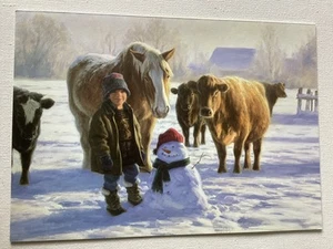 Robert Duncan Studios Vtg Greeting Card The Critic’s Circle; Boy Snowman Horses - Picture 1 of 5