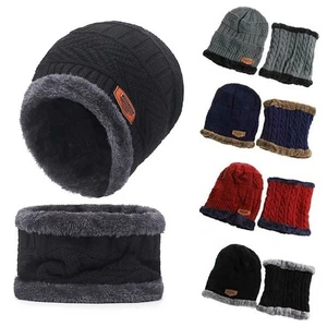 Mens Womens Winter Beanie Hat Scarf Set Warm Knit Hat Thick Fleece Lined Cap - Foto 1 di 17