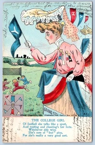 1907 THE COLLEGE GIRL PATRIOTIC FOOTBALL CHEERING FRAT PINS ANTIQUE POSTCARD - Picture 1 of 2
