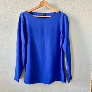 Camicia Akris Crepe Seta Blu Cobalto con Dettagli Cerniera Taglia 6 Manica Lunga - Foto 1 di 9