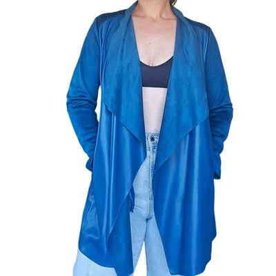 Jaqueta feminina Andrew Marc New York azul couro sintético camurça aberta drapeada tamanho médio - Imagem 1 de 4