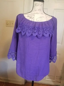 Unique Spectrum Blouse Large Purple Elastic Scoop Neck 3/4 Slv Lace Trim L/W EUC - Picture 1 of 13