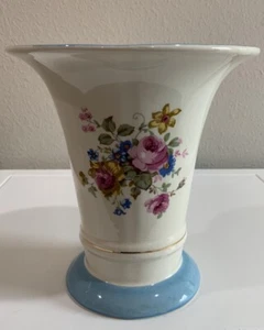 Vtg E£R American Artware Porcelain Floral Bouquet Blue Gold Trim Vase Planter - Picture 1 of 11