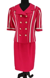 Louis Feraud Vtg. Woman Pink Stripe Summer Suit Size 10 Lined Pencil Skirt Slit - Picture 1 of 16