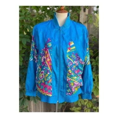Chaqueta deportiva vintage 1994 azul satinado pista cremallera completa mezcla estampado arco iris brillante S Foto 1 de 4