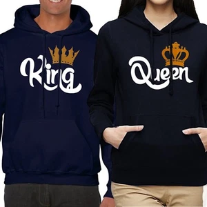 NWT KING QUEEN GOLD CROWN COUPLE MATCHING VALENTINE'S DAY NAVY HOODIE SWEATSHIRT - Picture 1 of 10