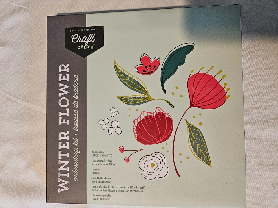 CRAFT CRUSH EMBROIDERY KIT WINTER FLOWER HOOP NEEDLES PRINTED PATTERN CANVAS NEW - Image 1 of 3