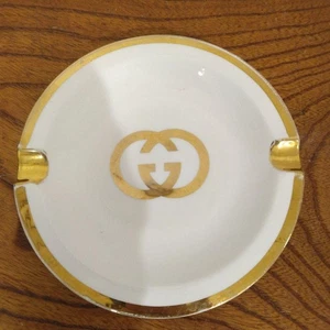 GUCCI Italy Ashtray GG Gold Round Accessory Tray No Box Used - Picture 1 of 6