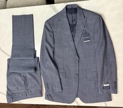 Jos. A. Bank 40L (34 W)  Wool Blend Suit  Pants + Jacket, Grey With BLUE  Plaids - Image 1 of 4