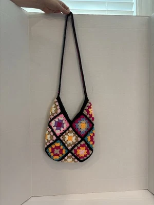 Crochet Shoulder Bag Handmade Flower Granny Square Medium Tote Purse Boho - Image 1 of 4