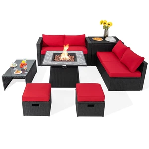 9PCS Patio Wicker Furniture Set Fire Pit Space-saving Storage W/Cover Red - Picture 1 of 10