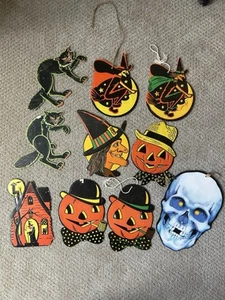 10 SELTENE VINTAGE HALLOWEEN PFEIFE GESTANZTE DEKORATIONEN Katze Hexe Spukhaus - Bild 1 von 1