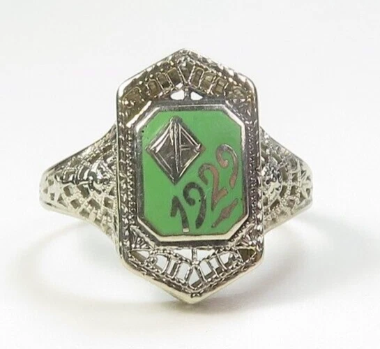 Antique 1929 Enamel Class School Ring Filigree 14K White Gold Size 5.25 UK-K - Image 1 of 4