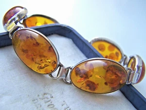 AMAZING VINTAGE 925 SOLID STERLING SILVER LARGE NATURAL HONEY AMBER BRACELET 8" - Picture 1 of 9