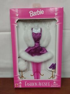 1995 Barbie PURPLE DRESS White Fur Accents Shoes Purse Fashion Avenue MIB NRFB