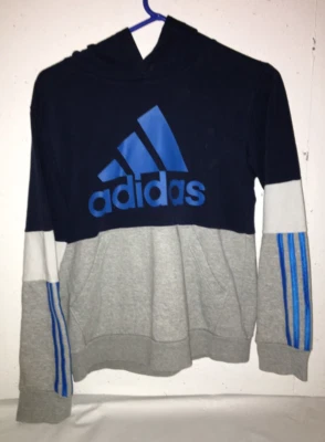 Adidas Youth Hoodie Size L 14/16 Navy Grey Spell Out Logo Fleece Pullover - Image 1 of 4