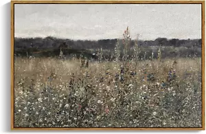 Framed Canvas Wall Art Vintage Decor, Landscape Wall Art, Meadow with Flowers Ar - Picture 1 of 12