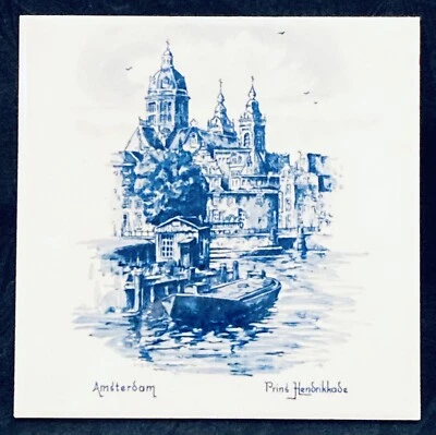 Hand Painted Delft Ceramic Tile Prins Hendrikkade Ship Street Buildings Holland - Image 1 of 4