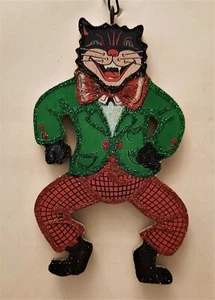 DRESSED BLACK CAT, GREEN COAT, RED PANTS * Glitter HALLOWEEN ORNAMENT * Vtg Img - Picture 1 of 1