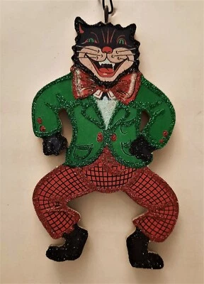 STROMBOLI'S WAGON DRESSED BLACK CAT, GREEN COAT, RED PANTS * Glitter HALLOWEEN ORNAMENT * Vtg Img