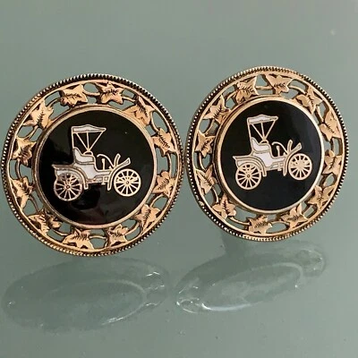 Vintage Model T Cufflinks Cuff Links Ford Automobile Gold, Black & White Enamel - Image 1 of 2