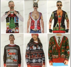 Men's LARGE Ugly Xmas Sweater Faux Noel Biker Hairy Belly Wiener Cardigan Santa - Picture 1 of 59