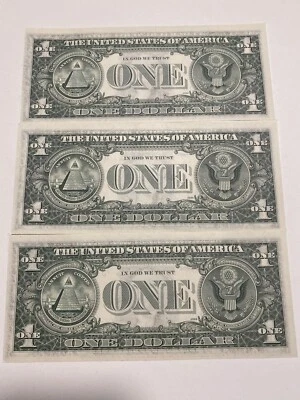 Error Back Printing 1977 $ 1 of 3 almost consecutive notes！UNC！Super Top Rare！ - Image 1 of 4