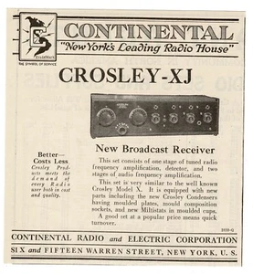1924 Crosley XJ Radio Broadcast Receiver Continental Vintage Print Ad - Picture 1 of 1