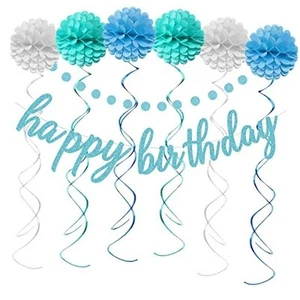 Happy Birthday Decorations - Glittery Blue Happy Birthday Banner Sign, Pom - Picture 1 of 7