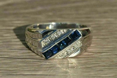 2Ct Princess Cut Simulated Sapphire Men's Engagement Ring 14K White Gold Plated Foto 1 de 4