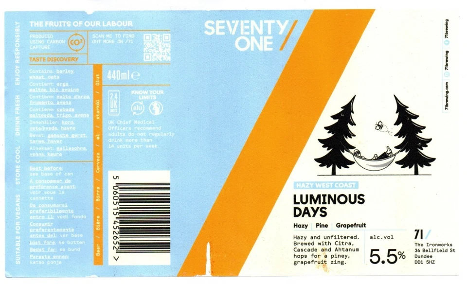 Scotland - Beer Can Sticker Label - 71 Brewing Co., Dundee - Luminous Days - Image 1 of 1