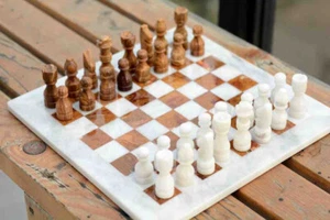 "White Marble Chess Set – Tiger Eye Chess Board with Pieces, Vintage Gift Set - Picture 1 of 7