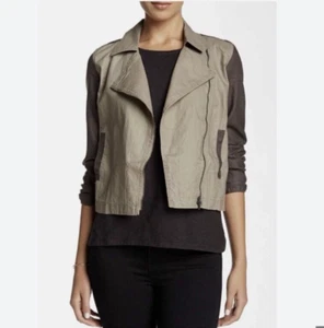 Eileen Fisher Organic Linen Moto Jacket L Gray Tan Stone Coated Asymmetrical Zip - Picture 1 of 8