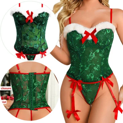 Womens Christmas Rose Lace Mrs Santa Claus Costume Sexy Strap Bodysuit Underwear - Image 1 of 4