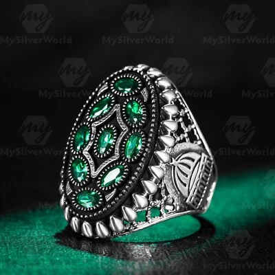 925纯银绿色宝石椭圆形巴勒斯坦阿克萨设计男士戒指 — 第 1/3 张图片