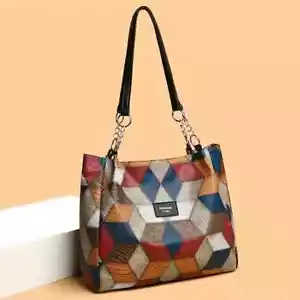 Geometric Tote Bag for Women Spacious Faux Leather Shoulder Geometric Handbag NE - Picture 1 of 10