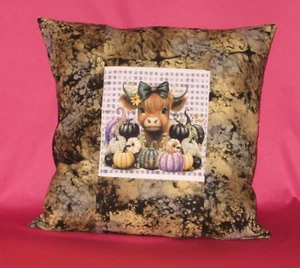 Handmade Throw Pillow Cover - 14" - Highland Cow - Pumpkins - Picture 1 of 2