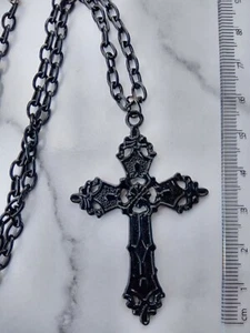 Large Black CROSS Necklace 36" very long chain ornate big Pendant Rock Religios - Picture 1 of 4