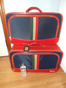 TWO Monarch VTG Suitcases Leather &Cloth 21x13x8 Zip Around RED BLUE EXC Luggage - Picture 1 of 4