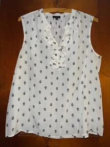 Talbots Tank Top Women’s Size 10 Ivory Black Paisley Ruffle V Neck 100% Silk - Picture 1 of 6