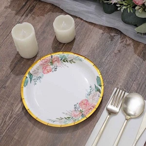 25 WHITE 7" Round Paper PLATES Floral Design Gold Rim Party Events Tableware - Picture 1 of 8