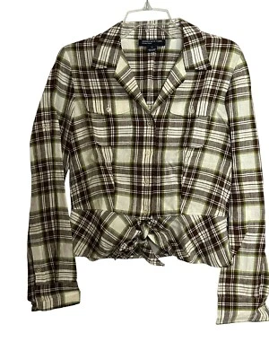 Jones New York S Brown Plaid Linen Top Roll Tab Slv Peplum Western Cowgirl EUC - Image 1 of 4