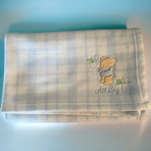 Just Born All Boy Blue Baby Blanket Approx38x30” Embroidered Bear Airplane Train - Picture 1 of 10