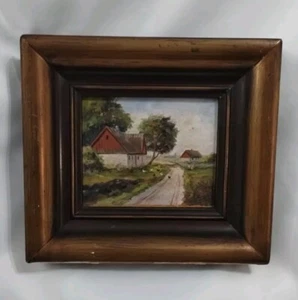 Signed Wooden Carved Painting Country Scenery Dirt Road With Barn & Chickens - Picture 1 of 11