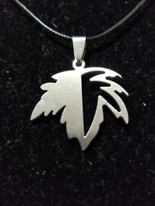 Maple Leaf - Stainless Steel Charm Pendant Necklace On Waxed Cord    Z12 - Picture 1 of 2