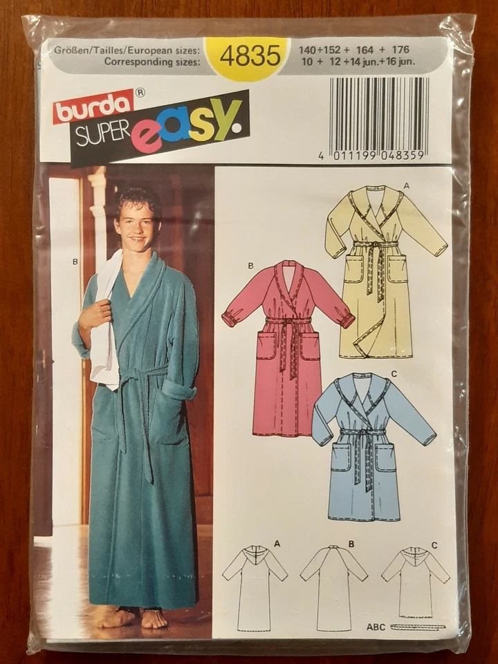 BURDA PATTERN - 4835 GIRL BOY TEEN ROBE SHAWL COLLAR HOOD BELT 10-16jun UNCUT - Image 1 of 2