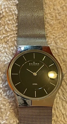 SKAGEN DENMARK 233LSSB СТАЛИ ЧЕРНЫЙ СЕРЕБРЯНЫЙ ЦИФЕРБЛАТ СЕТКИ ГРУППЫ МУЖСКИЕ ЧАСЫ 9» EUC - Изображение 1 из 4
